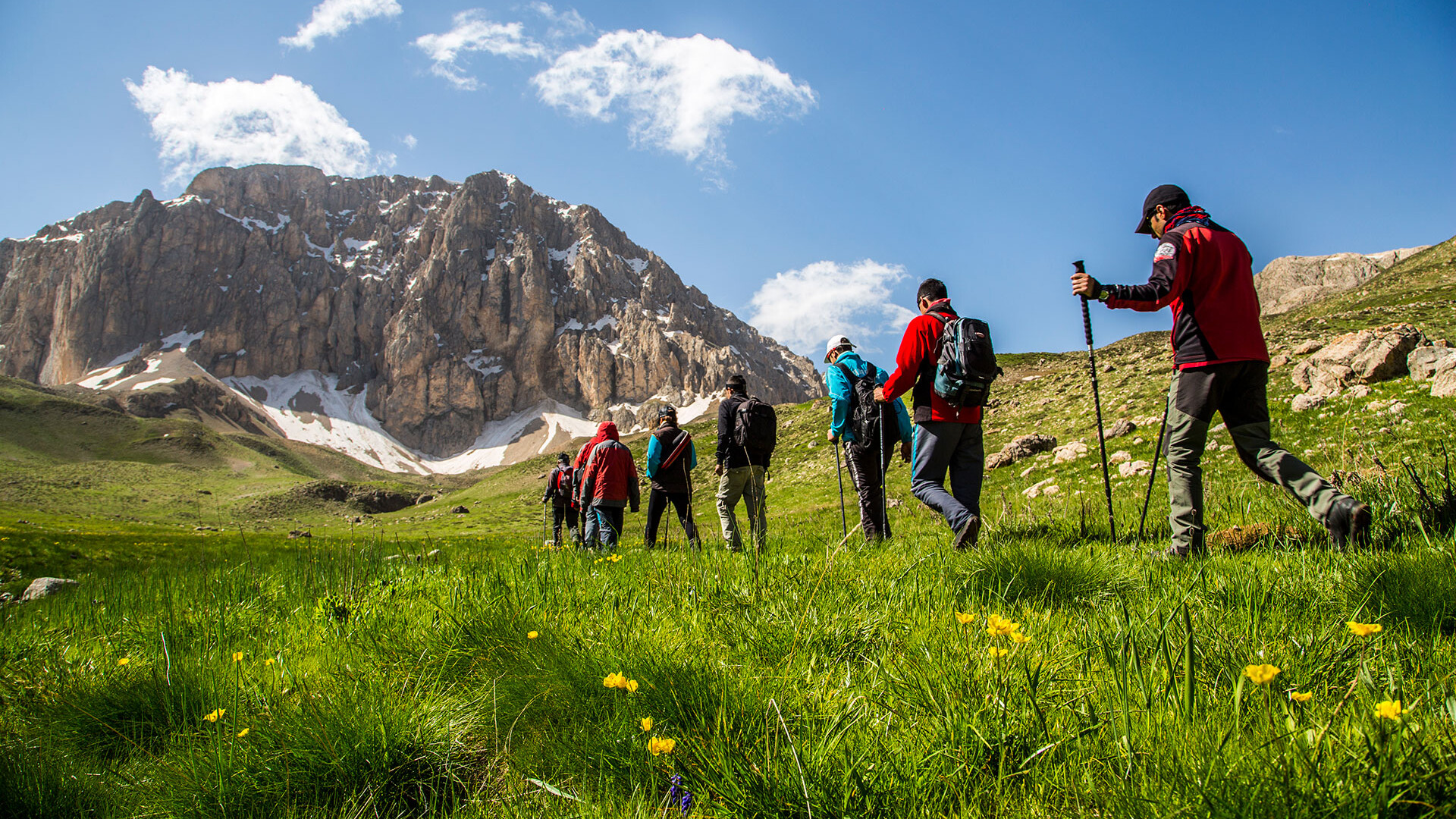 trekking di gruppo in estate sulle dolomiti - persone che camminano